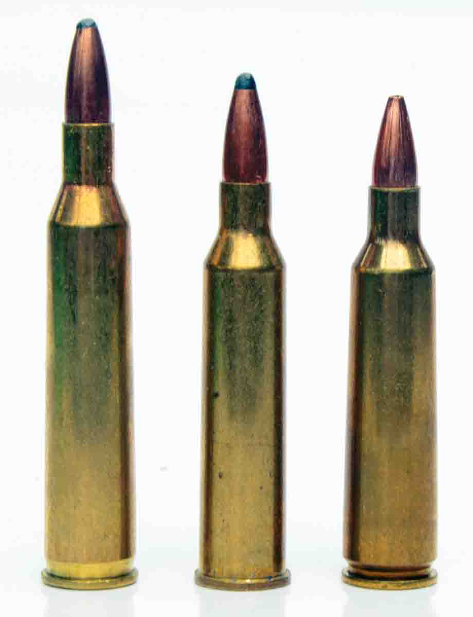 The .225 Winchester (center) is not as fast as the .220 Swift (left) it replaced or the .22-250 (right) that was largely responsible for its demise, but that does not prevent it from being a darned good varmint cartridge.